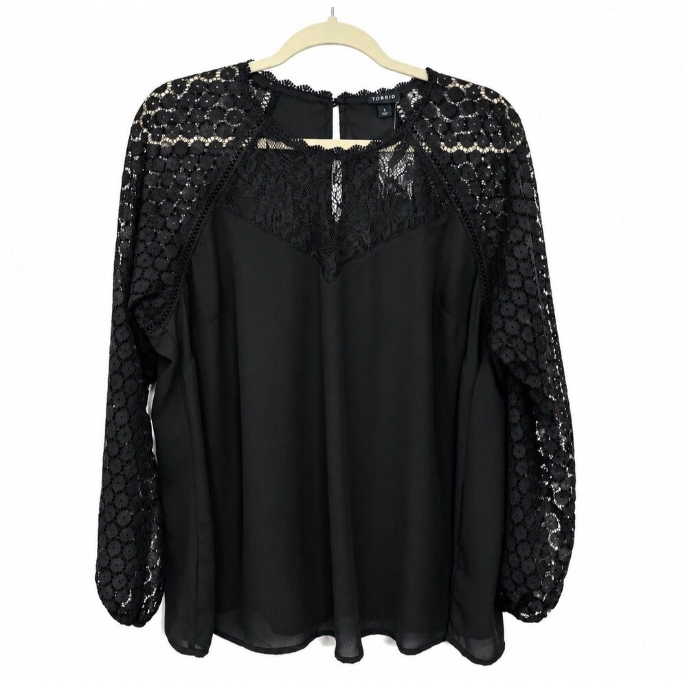 Torrid Womens 1X Black Lace Blouse Sheer Long Sleeve Georgette Romantic Goth Top